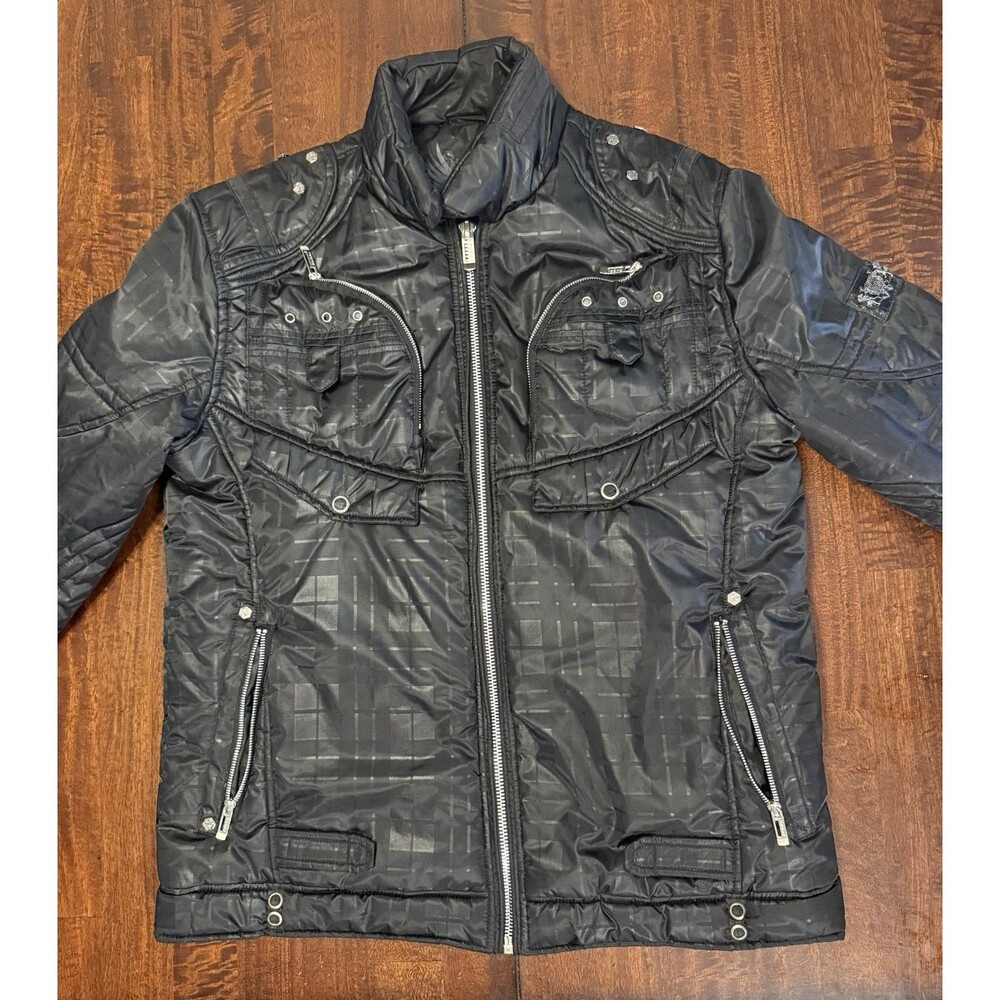 F.U.S.A.I. Men's Black Plaid Y2K Jacket 2XL Stand-Up Collar Zip Pockets
